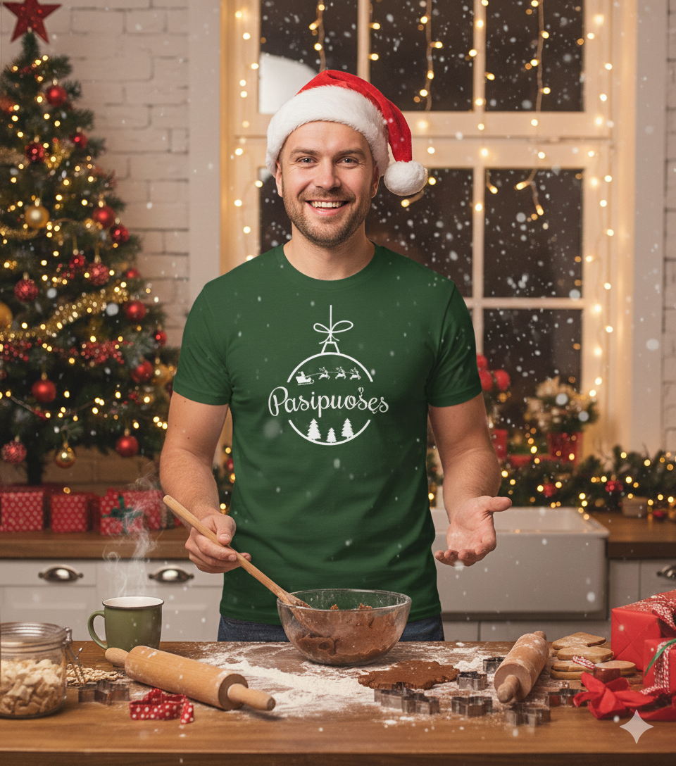 Marškinėliais su užrašu "Pasipuošęs"